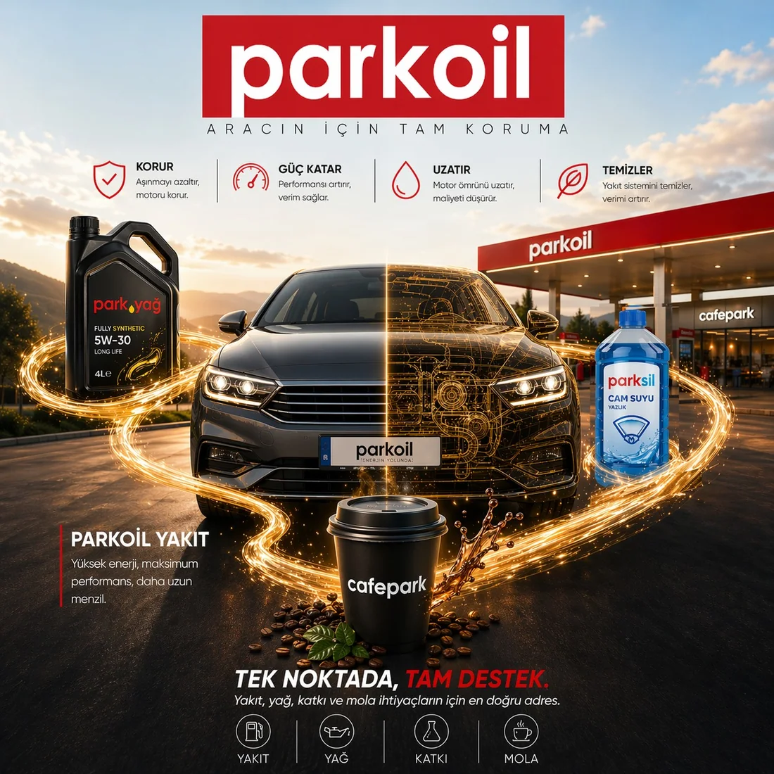 Parkoil afişi: aracın için tam koruma temasıyla parkyağ motor yağları ve parksil bakım ürünleri