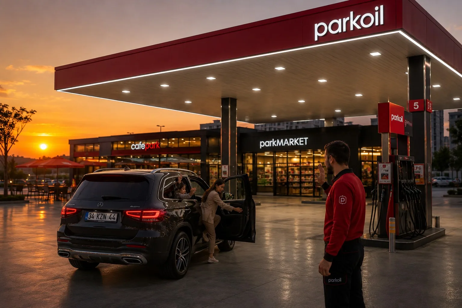Parkoil istasyonunda bir aile, gün batımında personel hizmeti