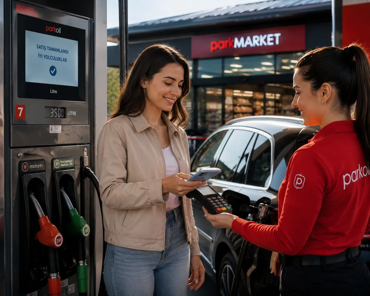 İstasyonda POS cihazıyla ödeme yapan müşteri