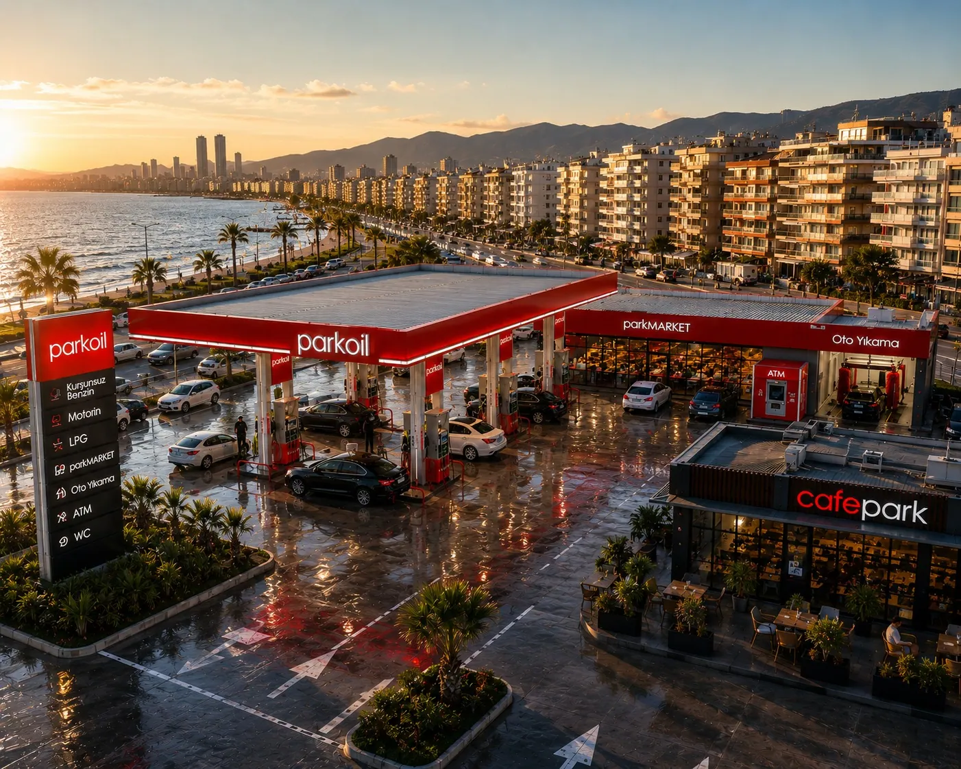 İzmir sahilinde gün batımında Parkoil istasyonu