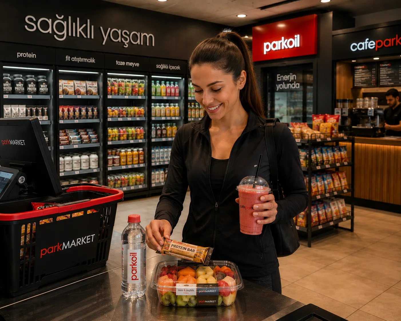 parkMARKET içinde sağlıklı yaşam reyonu ve taze ürünler