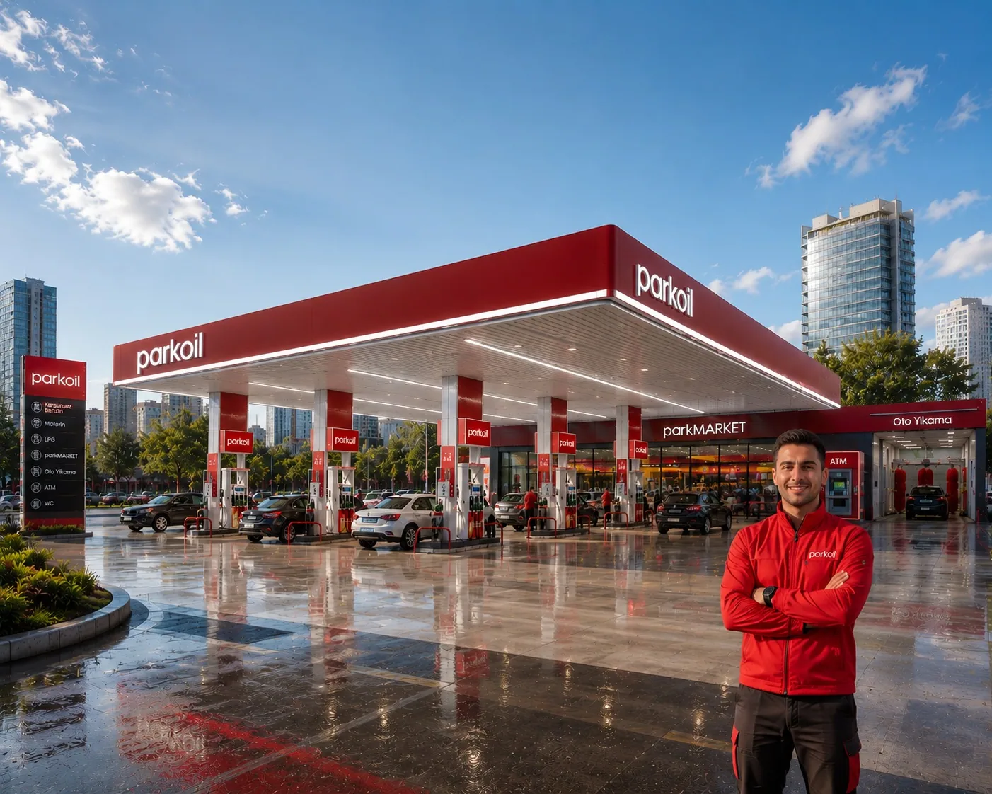 Parkoil istasyonunda gülümseyen personel