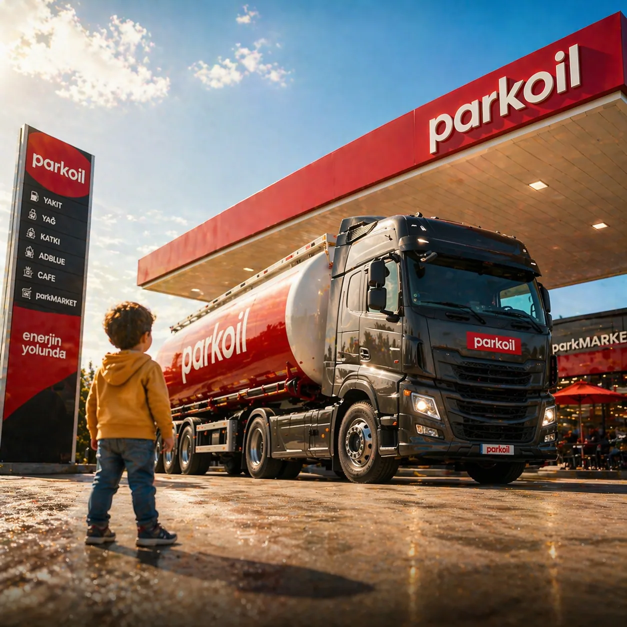 Parkoil tankeri ve istasyonda bir çocuk