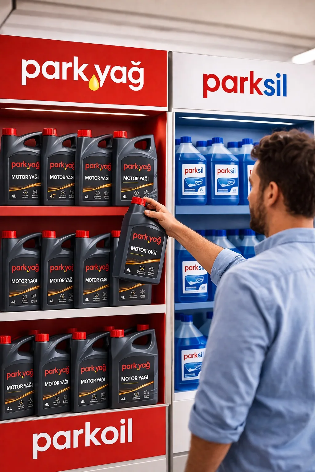 parkyağ motor yağı ve parksil cam suyu ürün rafı